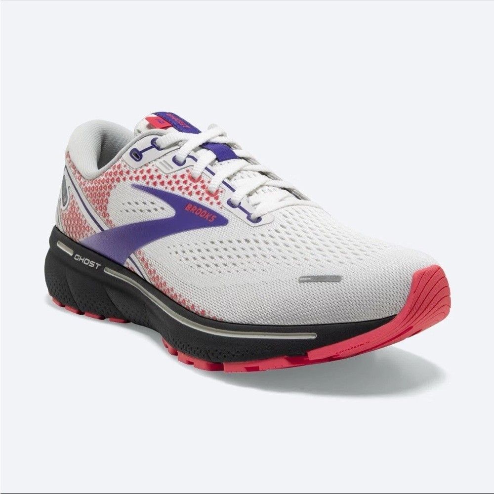 Brooks Women's Ghost 14 Running Shoe - White/Purple/Coral Size 7.5